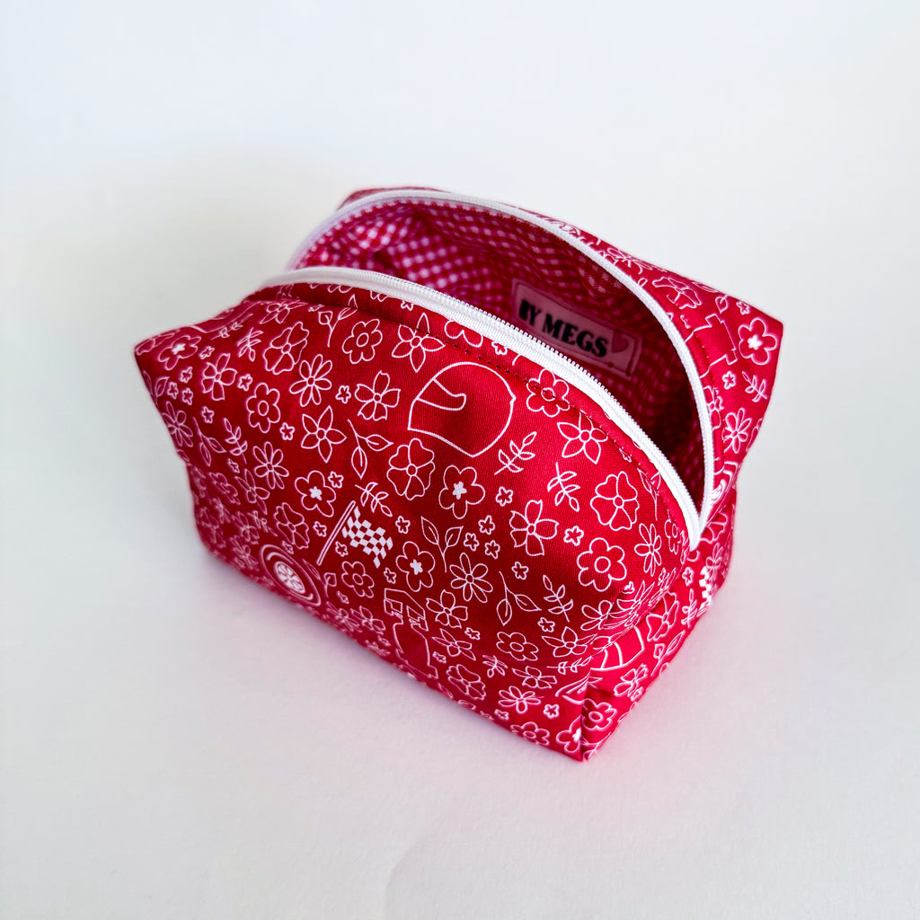 PRE-ORDER: Racing Make-up Pouch - Red Floral Racing Icons