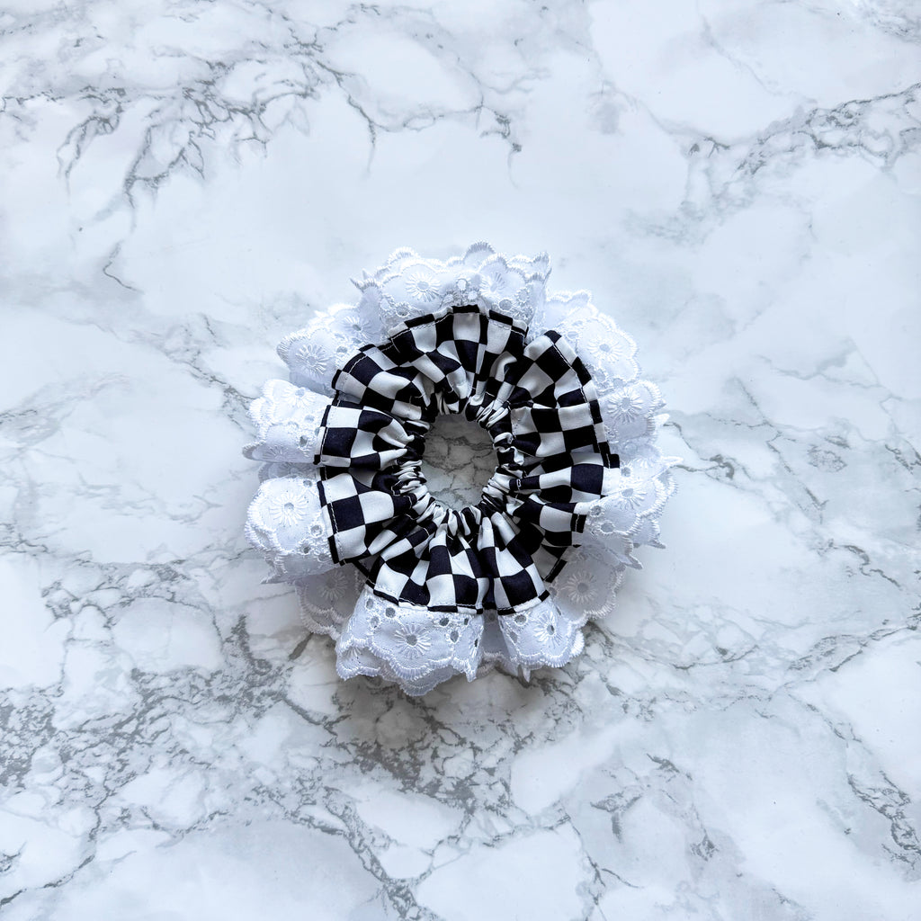 PRE-ORDER: Racing Double Layer Scrunchie: Checkered Flag
