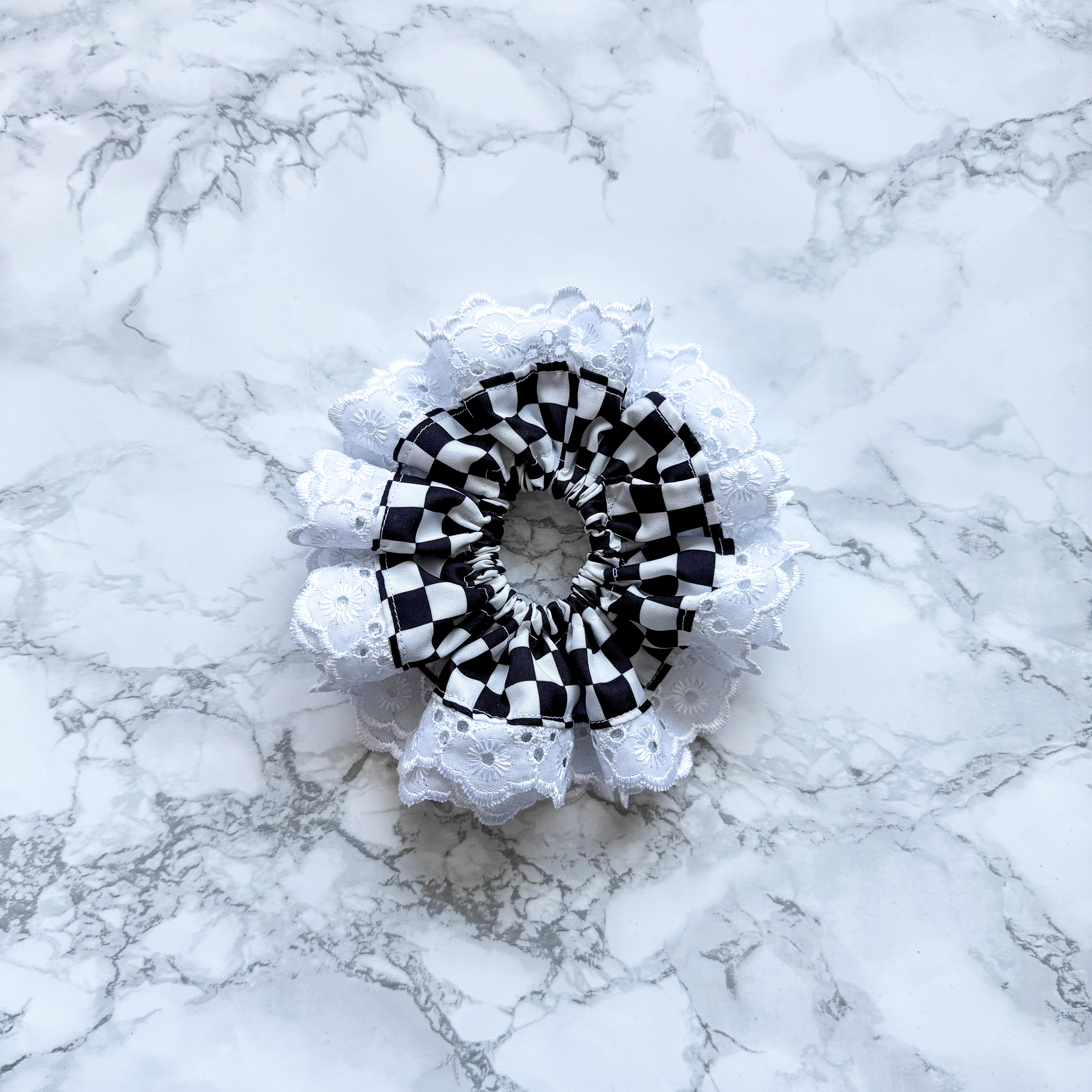 PRE-ORDER: Racing Double Layer Scrunchie: Checkered Flag