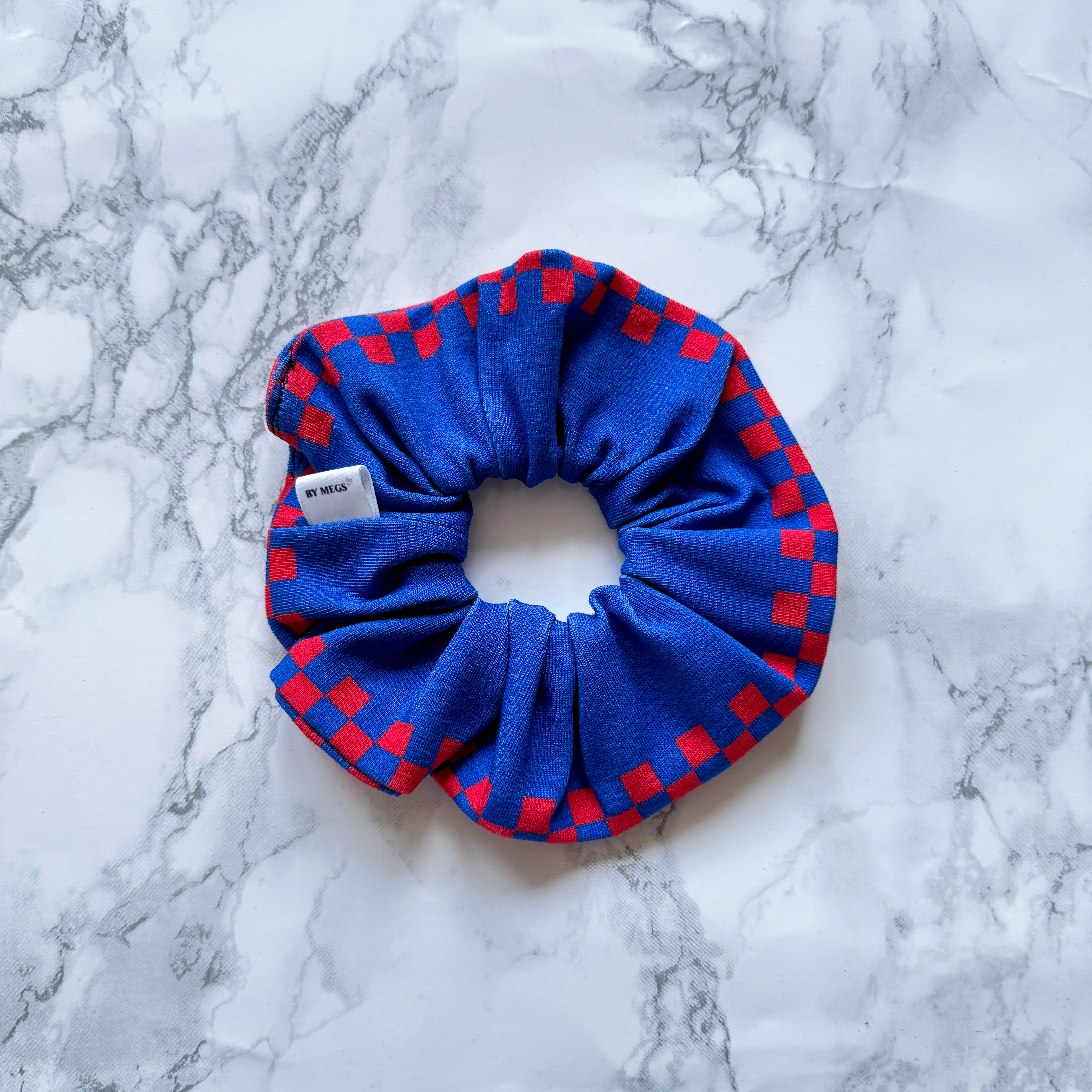 PRE-ORDER: Racing Scrunchie: Check Border Blue/Red – By Megs