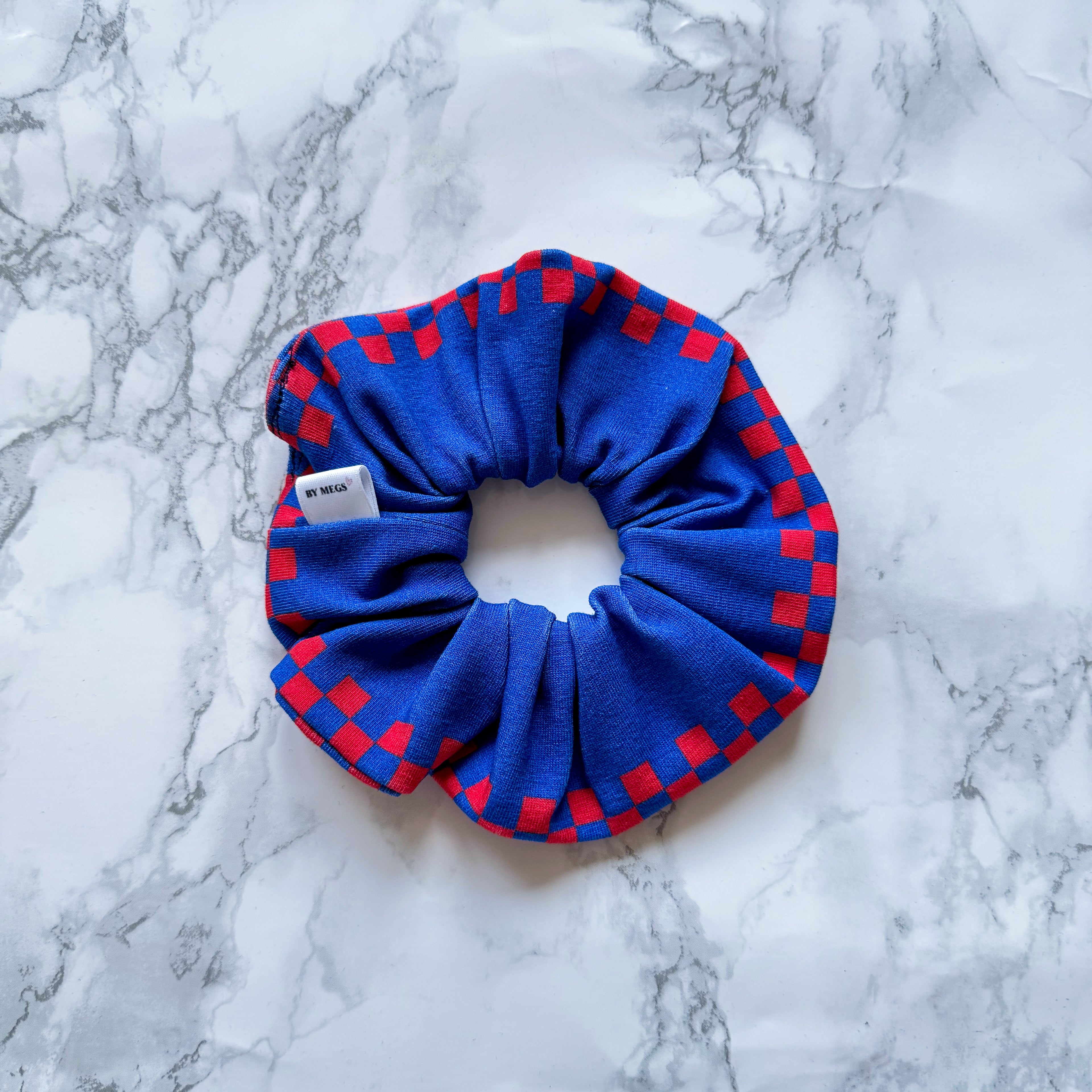 PRE-ORDER: Racing Scrunchie: Check Border Blue/Red